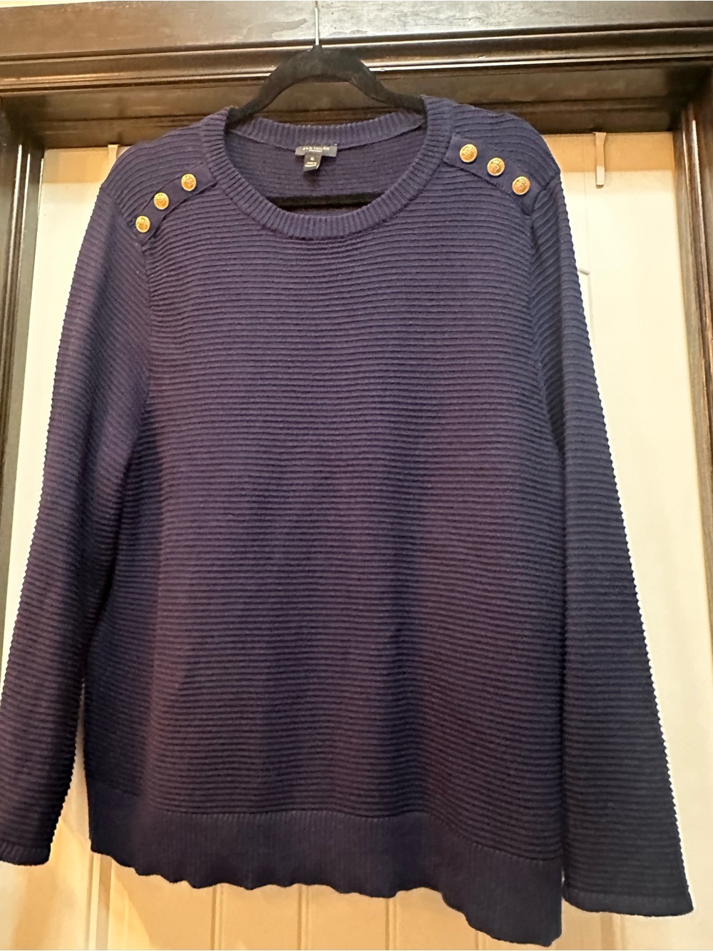 Ann Taylor Crewneck Ribbed Sweater with Gold Shoulder Buttons - Navy